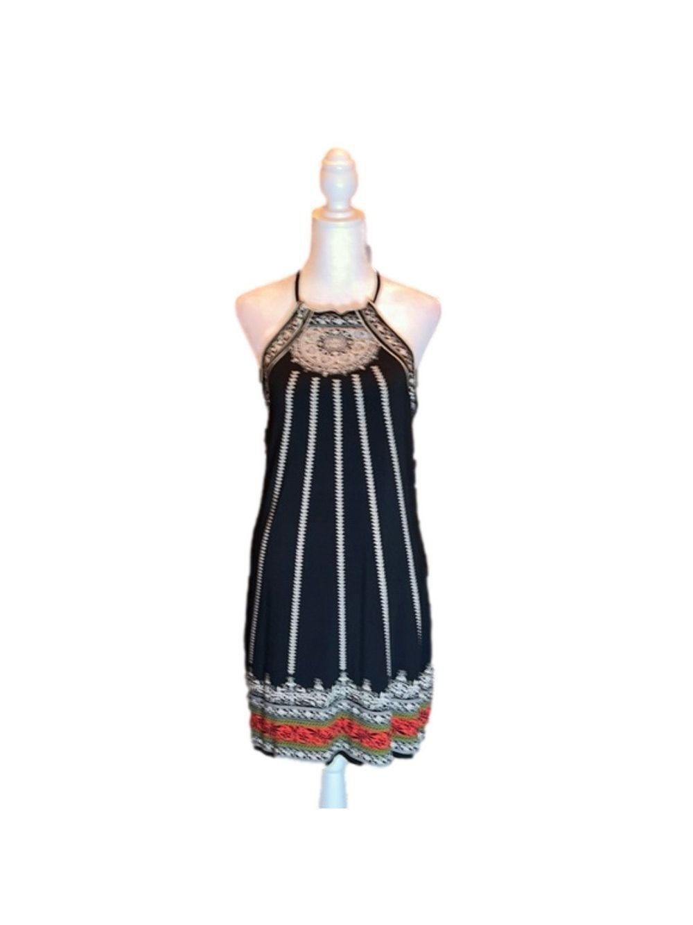 MAX STUDIO Black Halter Dress with Cream, Red, & Green Print Trim Size S, NWT!